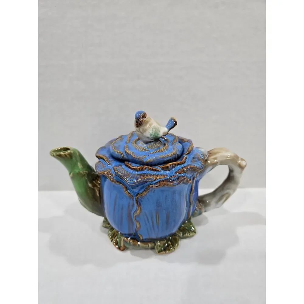 Majolica Style Cabbage Rose Bluebird Finial Ceramic Teapot Floral Decor